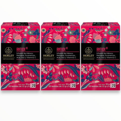 HORLEY ANTIOX Infusion de manzana, escaramujo, acai, goji y vitamina C.  3 cajitas de 20 sobres