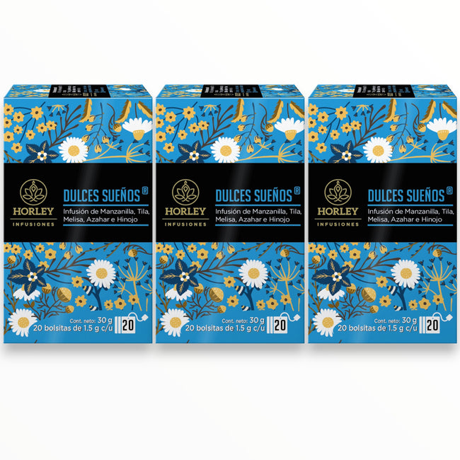 Horley DULCES SUEÑOS Infusión de Manzanilla, Tila, Melisa, Azahar e Hinojo - 3 cajitas de 20 sobres