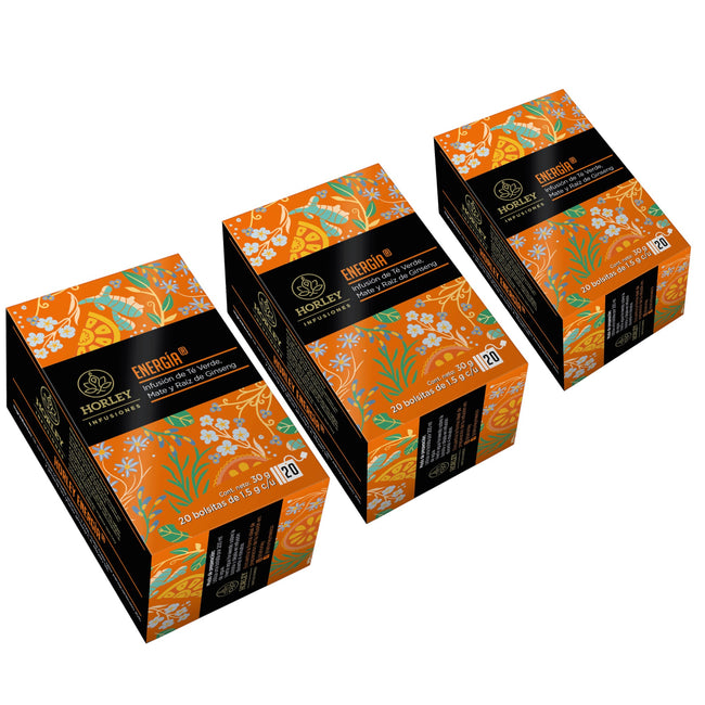 Horley ENERGÍA Infusión de Té Verde, Mate, Raíz de Ginseng - 3 cajitas de 20 sobres
