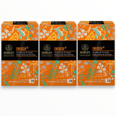 Horley ENERGÍA Infusión de Té Verde, Mate, Raíz de Ginseng - 3 cajitas de 20 sobres