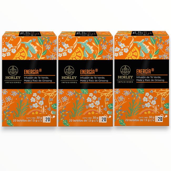Horley ENERGÍA Infusión de Té Verde, Mate, Raíz de Ginseng - 3 cajitas de 20 sobres