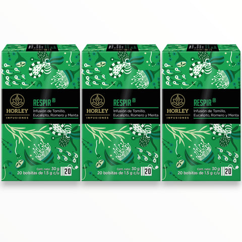 Horley RESPIR Infusión de Tomillo, Eucalipto, Romero y Menta - 3 cajitas de 20 sobres