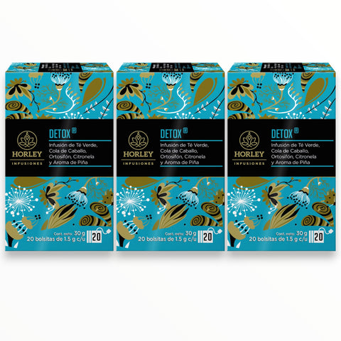 Horley DETOX Infusion de Té Verde, Cola de Caballo, Citronela, Ortosifón y Aroma de Piña- 3 cajitas de 20 sobres