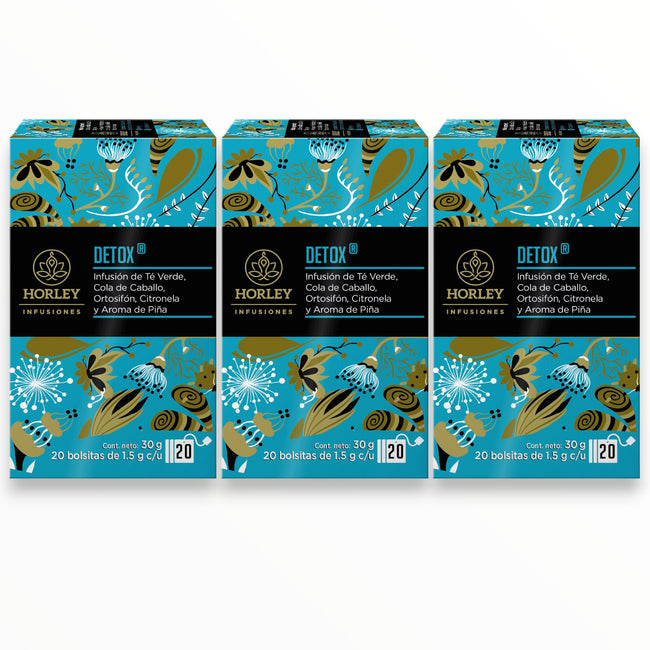 Horley DETOX Infusion de Té Verde, Cola de Caballo, Citronela, Ortosifón y Aroma de Piña- 3 cajitas de 20 sobres